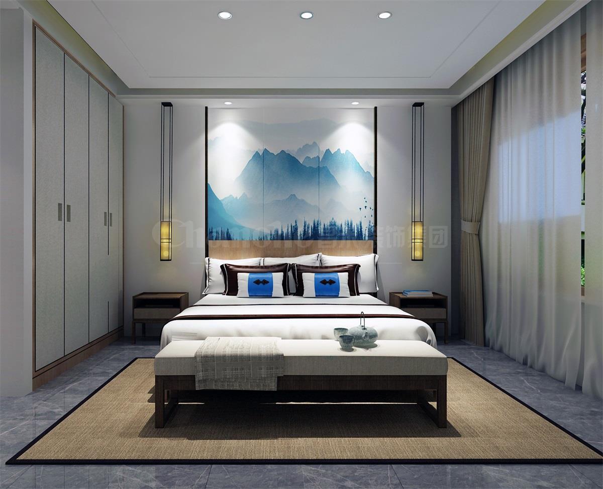 主臥貫穿、白色、灰色，加小許黑色融合的暖色調讓詩意棲居，少幾分濃墨重彩，多幾分雅致清寧，并在此感悟生命的智慧。內心的平靜才能感悟到生活的大美，美不是符號，是一種心境，一份怡然，更是一份禪動。